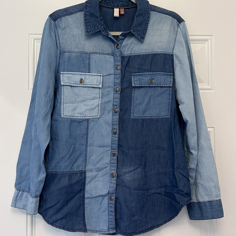 Anthropologie Pilcro Blue Chambray Button Front S Shirt Blouse Patchwork Boho